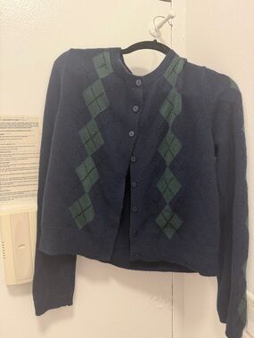 Reformation Clara Cashmere Cardigan - Navy and Green Argyle Button Cardigan